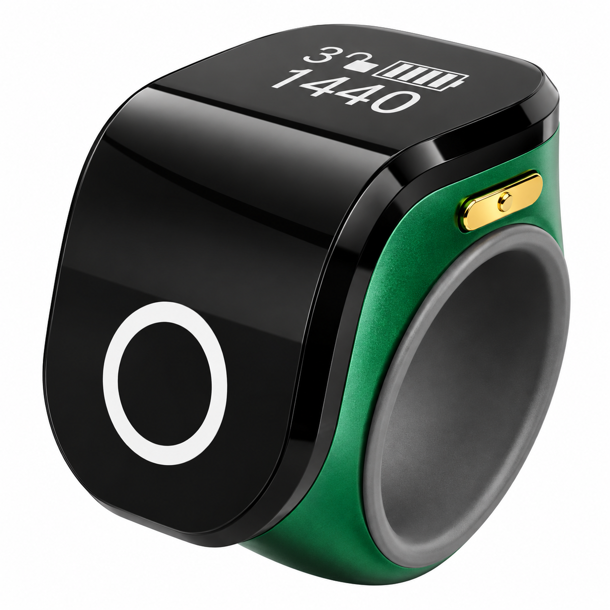 The image shows a Portable Ring Japa Counter with Android connectivity and touch display, featuring an adjustable ring design for comfortable use. This digital Naam Japa Counter helps track chanting data through a connected app and is suitable for Naam Jap, Jaap, meditation, prayer and mantra chanting.