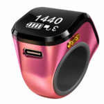 The image shows a Portable Ring Japa Counter with Android connectivity and touch display, featuring an adjustable ring design for comfortable use. This digital Naam Japa Counter helps track chanting data through a connected app and is suitable for Naam Jap, Jaap, meditation, prayer and mantra chanting.