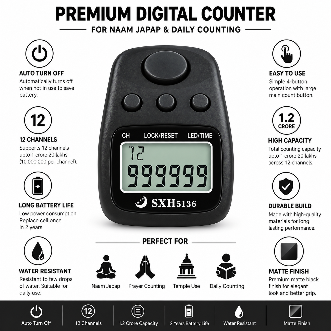 1 Crore Naam Japa Counter with 12-channel digital counting, soft buttons, auto power off, long battery life, water-resistant design and premium matte finish for Naam Jap, chanting, meditation and prayer.