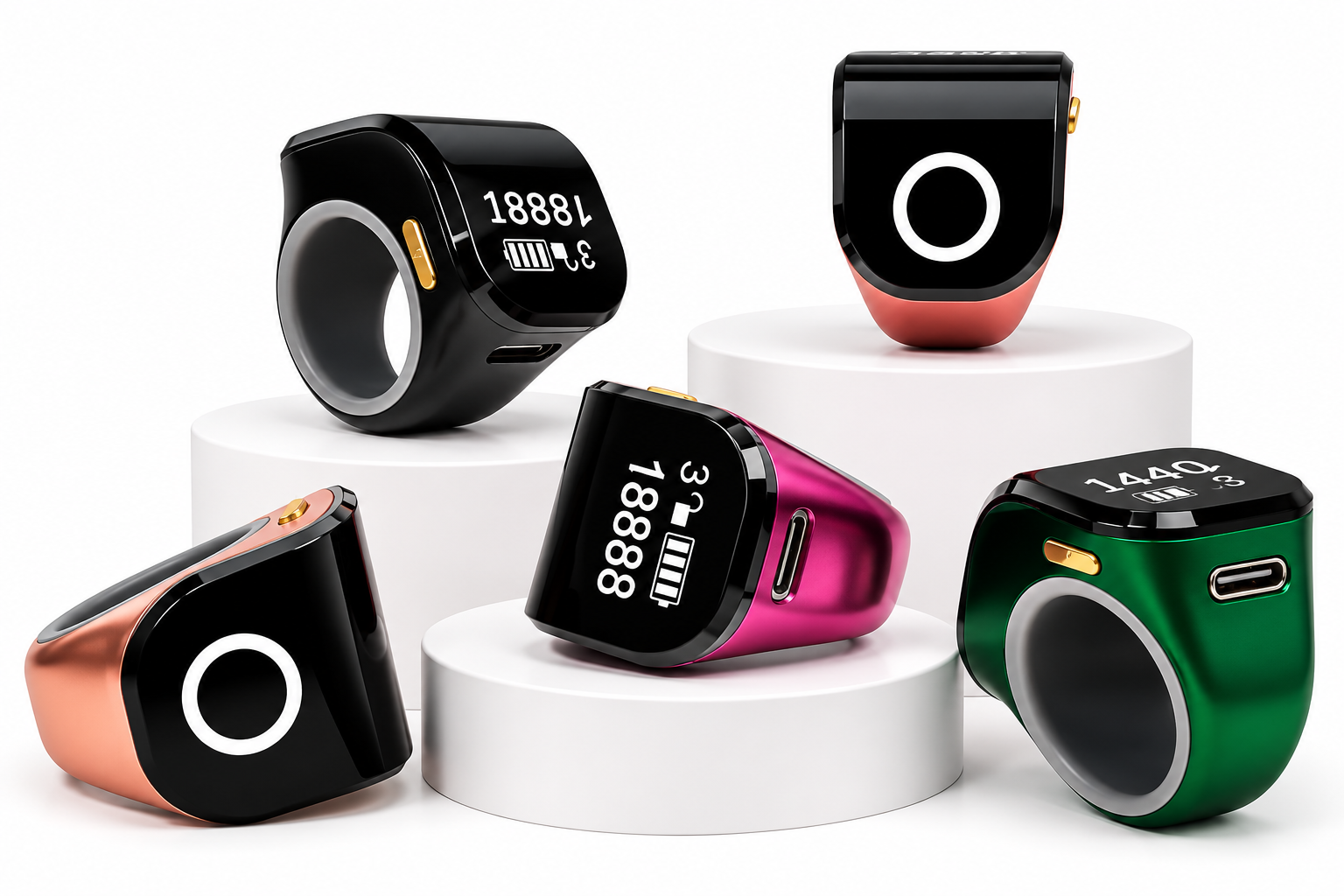 The image shows a Portable Ring Japa Counter with Android connectivity and touch display, featuring an adjustable ring design for comfortable use. This digital Naam Japa Counter helps track chanting data through a connected app and is suitable for Naam Jap, Jaap, meditation, prayer and mantra chanting.