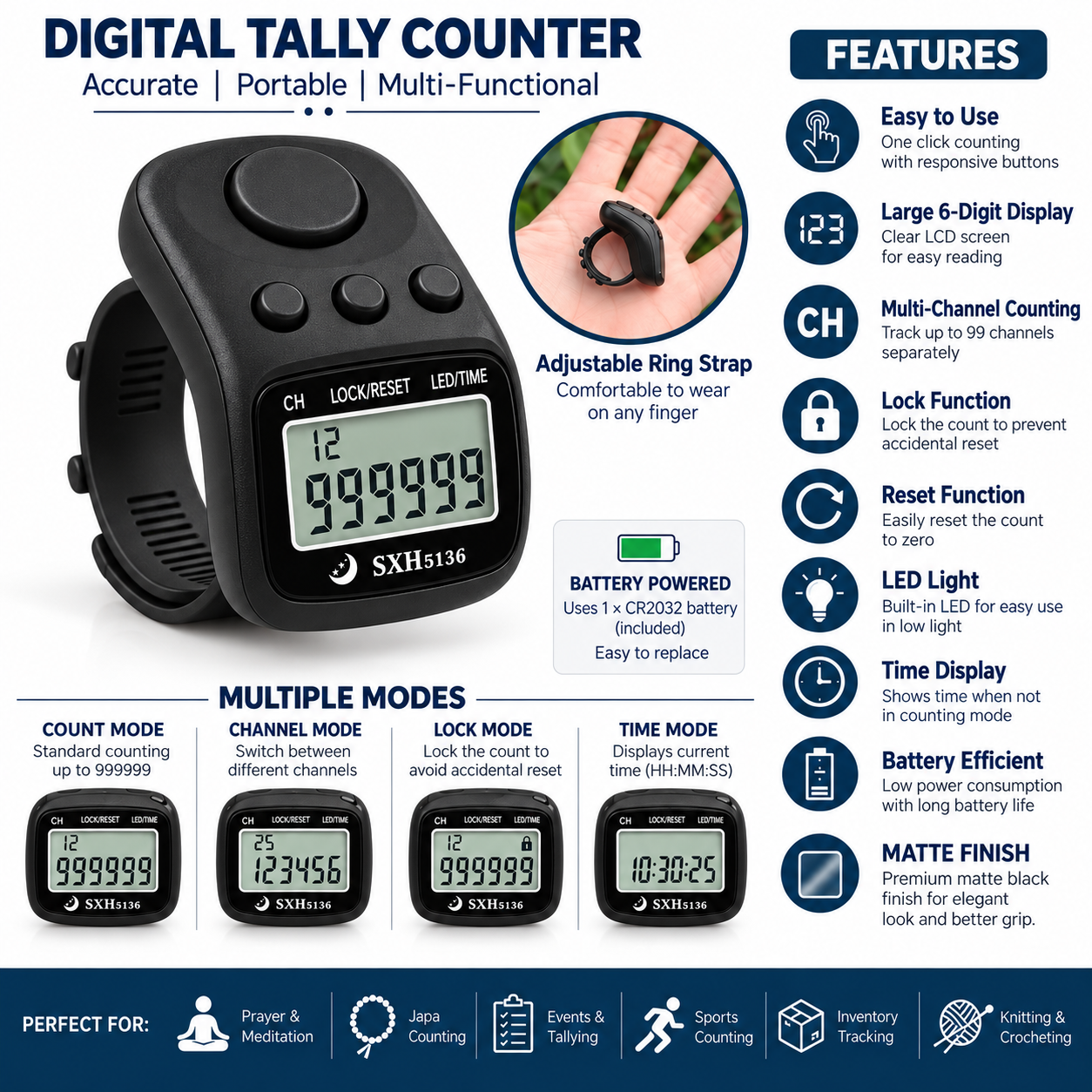 1 Crore Naam Japa Counter with 12-channel digital counting, soft buttons, auto power off, long battery life, water-resistant design and premium matte finish for Naam Jap, chanting, meditation and prayer.