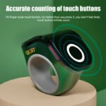 The image shows a Portable Ring Japa Counter with Android connectivity and touch display, featuring an adjustable ring design for comfortable use. This digital Naam Japa Counter helps track chanting data through a connected app and is suitable for Naam Jap, Jaap, meditation, prayer and mantra chanting.