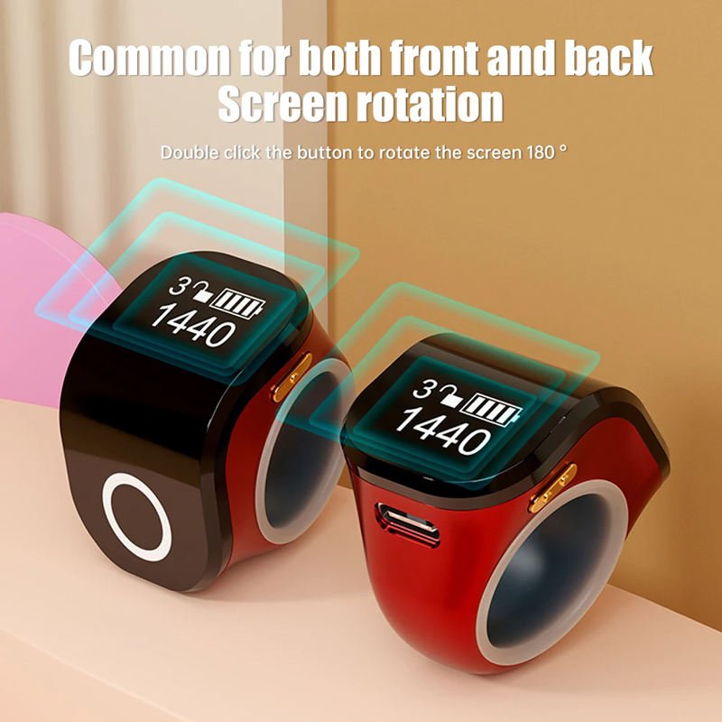 The image shows a Portable Ring Japa Counter with Android connectivity and touch display, featuring an adjustable ring design for comfortable use. This digital Naam Japa Counter helps track chanting data through a connected app and is suitable for Naam Jap, Jaap, meditation, prayer and mantra chanting.