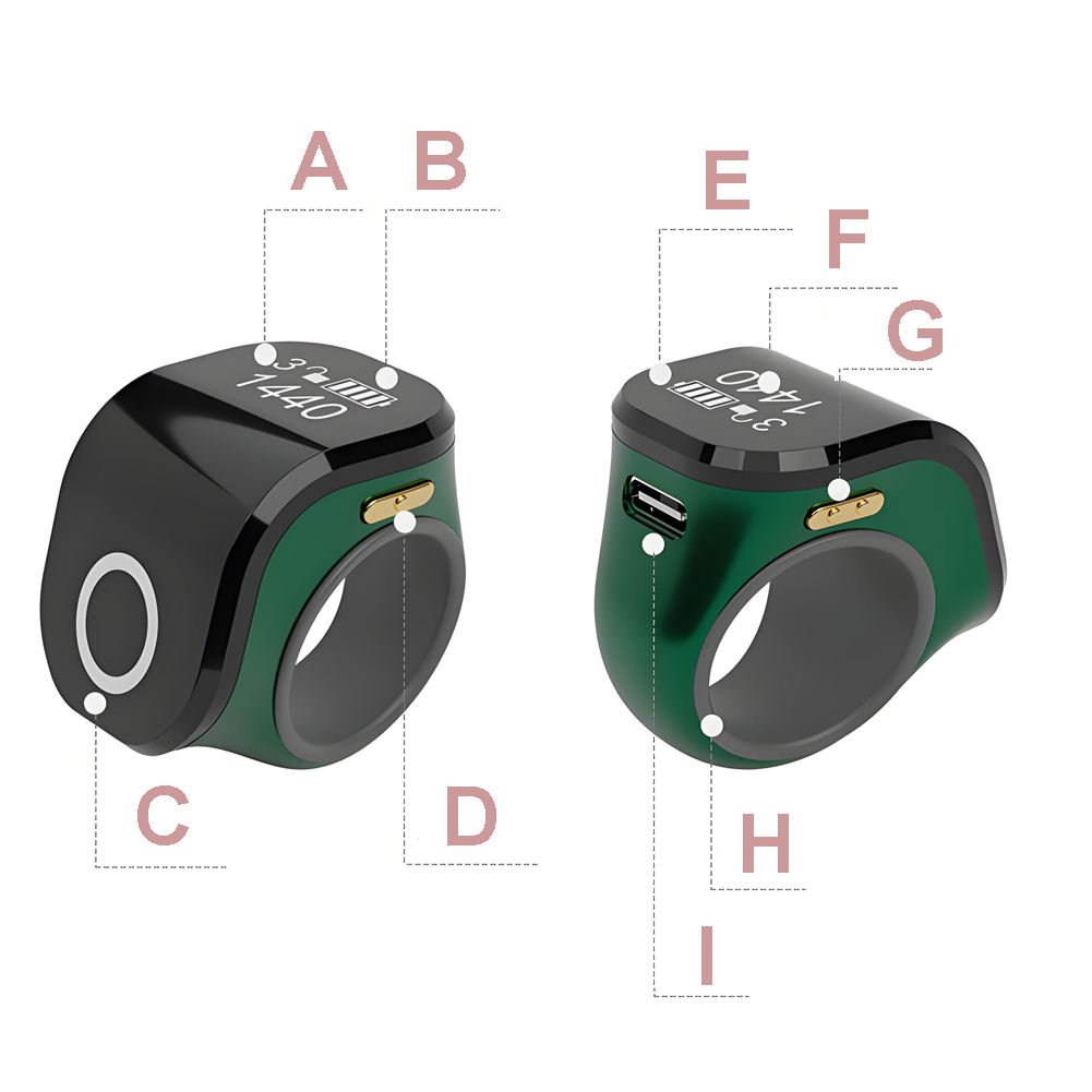 The image shows a Portable Ring Japa Counter with Android connectivity and touch display, featuring an adjustable ring design for comfortable use. This digital Naam Japa Counter helps track chanting data through a connected app and is suitable for Naam Jap, Jaap, meditation, prayer and mantra chanting.