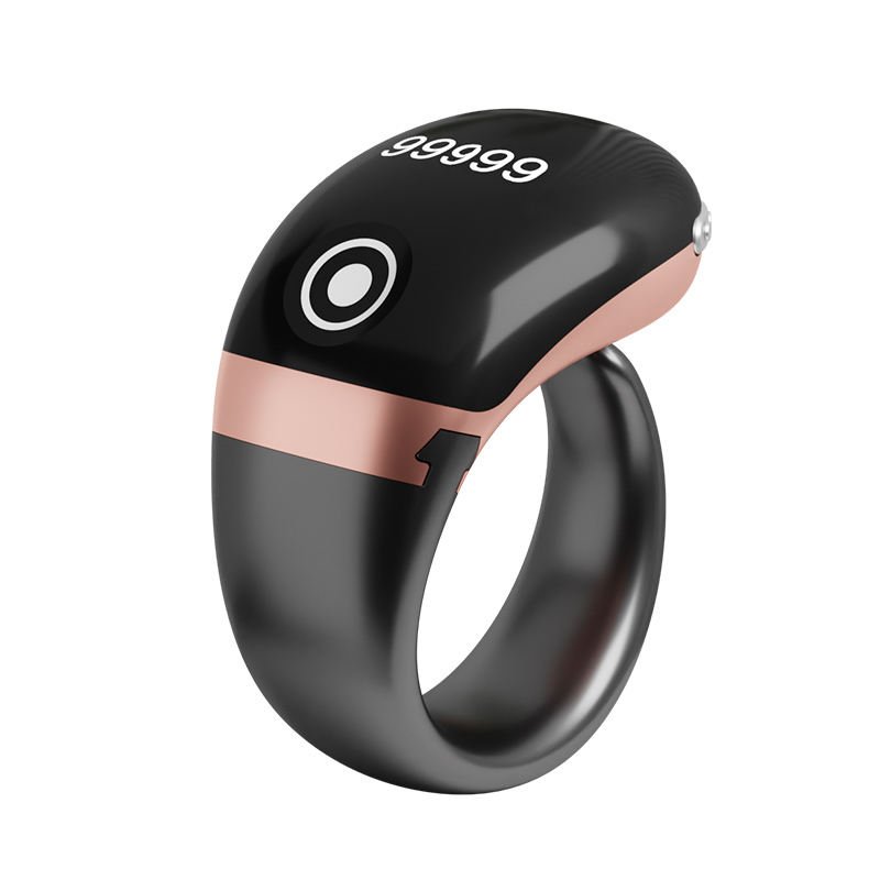 The image shows an Android Touch Display Slim Ring Japa Counter with a compact and adjustable ring design. This Digital Naam Jap Counter is designed for easy chanting and can connect with an Android app to track Japa data, making it suitable for Naam Jap, meditation, prayer and mantra chanting.