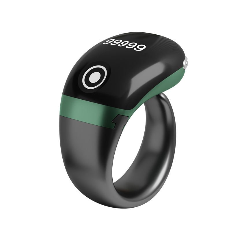 The image shows an Android Touch Display Slim Ring Japa Counter with a compact and adjustable ring design. This Digital Naam Jap Counter is designed for easy chanting and can connect with an Android app to track Japa data, making it suitable for Naam Jap, meditation, prayer and mantra chanting.