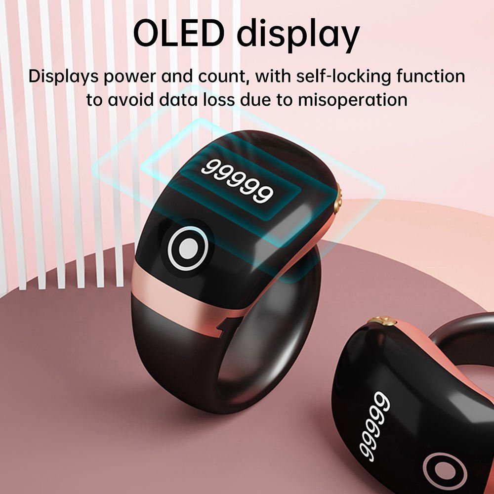 The image shows an Android Touch Display Slim Ring Japa Counter with a compact and adjustable ring design. This Digital Naam Jap Counter is designed for easy chanting and can connect with an Android app to track Japa data, making it suitable for Naam Jap, meditation, prayer and mantra chanting.