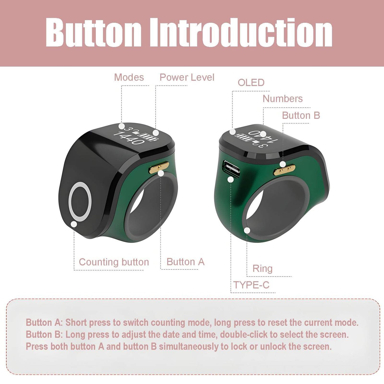 The image shows a Portable Ring Japa Counter with Android connectivity and touch display, featuring an adjustable ring design for comfortable use. This digital Naam Japa Counter helps track chanting data through a connected app and is suitable for Naam Jap, Jaap, meditation, prayer and mantra chanting.