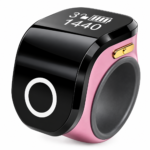 The image shows a Portable Ring Japa Counter with Android connectivity and touch display, featuring an adjustable ring design for comfortable use. This digital Naam Japa Counter helps track chanting data through a connected app and is suitable for Naam Jap, Jaap, meditation, prayer and mantra chanting.