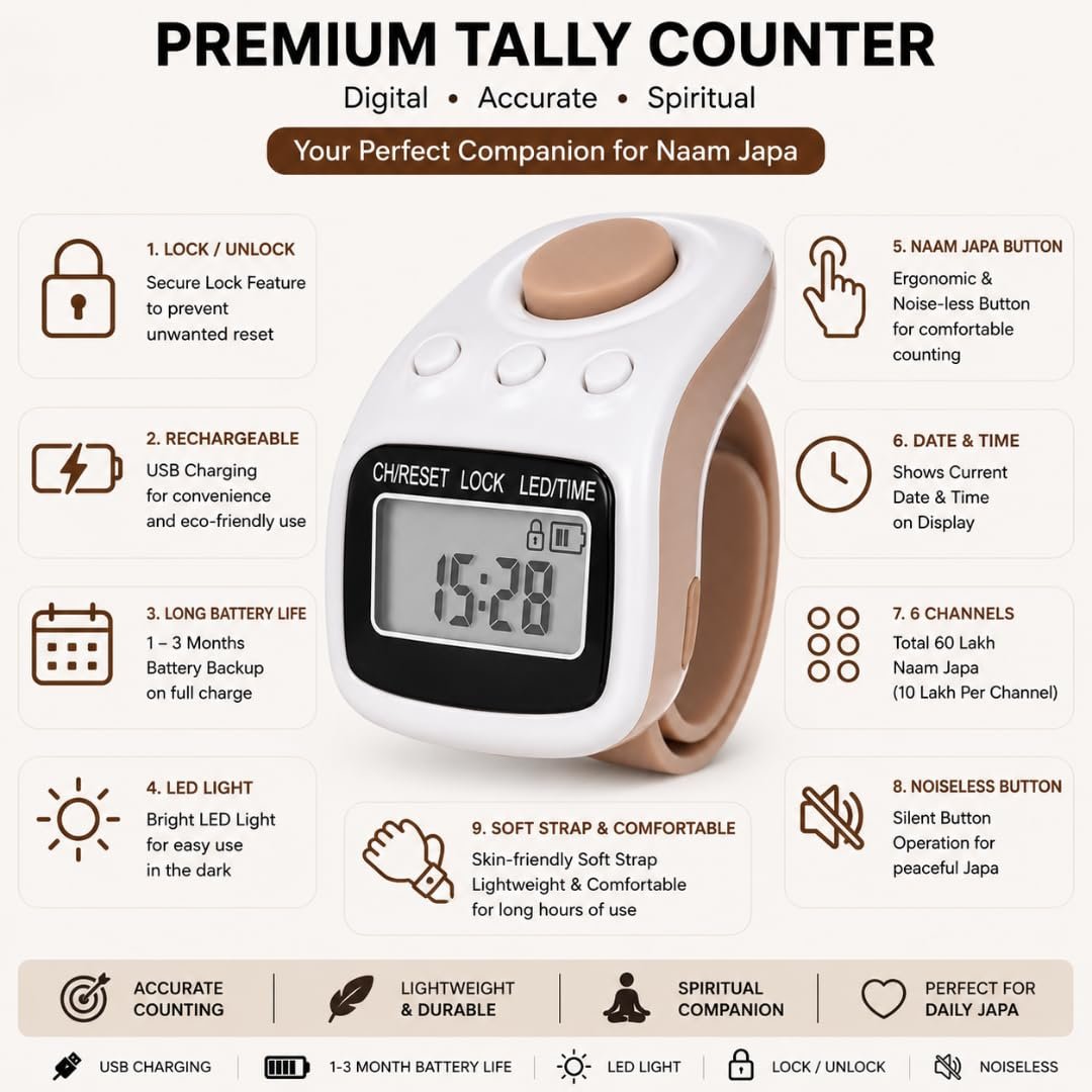 The image shows a 60 Lakh Naam Japa Counter with a noiseless button, LED light, and date and time display. This digital Japa Counter is designed for Naam Jap, chanting, meditation, prayer and mantra practice. It can also be used as a Jaap Counter, Chanting Counter, Mala Counter and Mantra Counter for keeping track of daily chants.