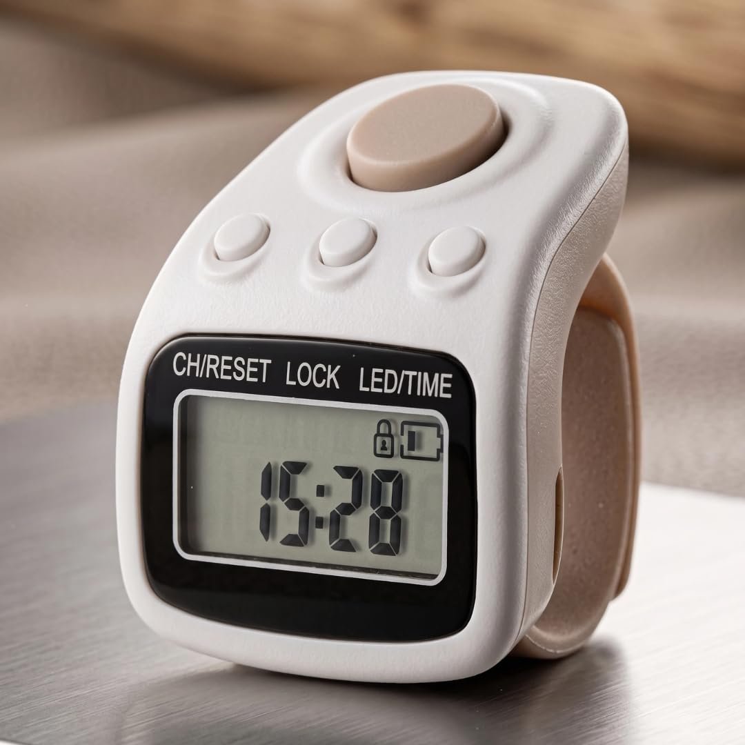 The image shows a 60 Lakh Naam Japa Counter with a noiseless button, LED light, and date and time display. This digital Japa Counter is designed for Naam Jap, chanting, meditation, prayer and mantra practice. It can also be used as a Jaap Counter, Chanting Counter, Mala Counter and Mantra Counter for keeping track of daily chants.